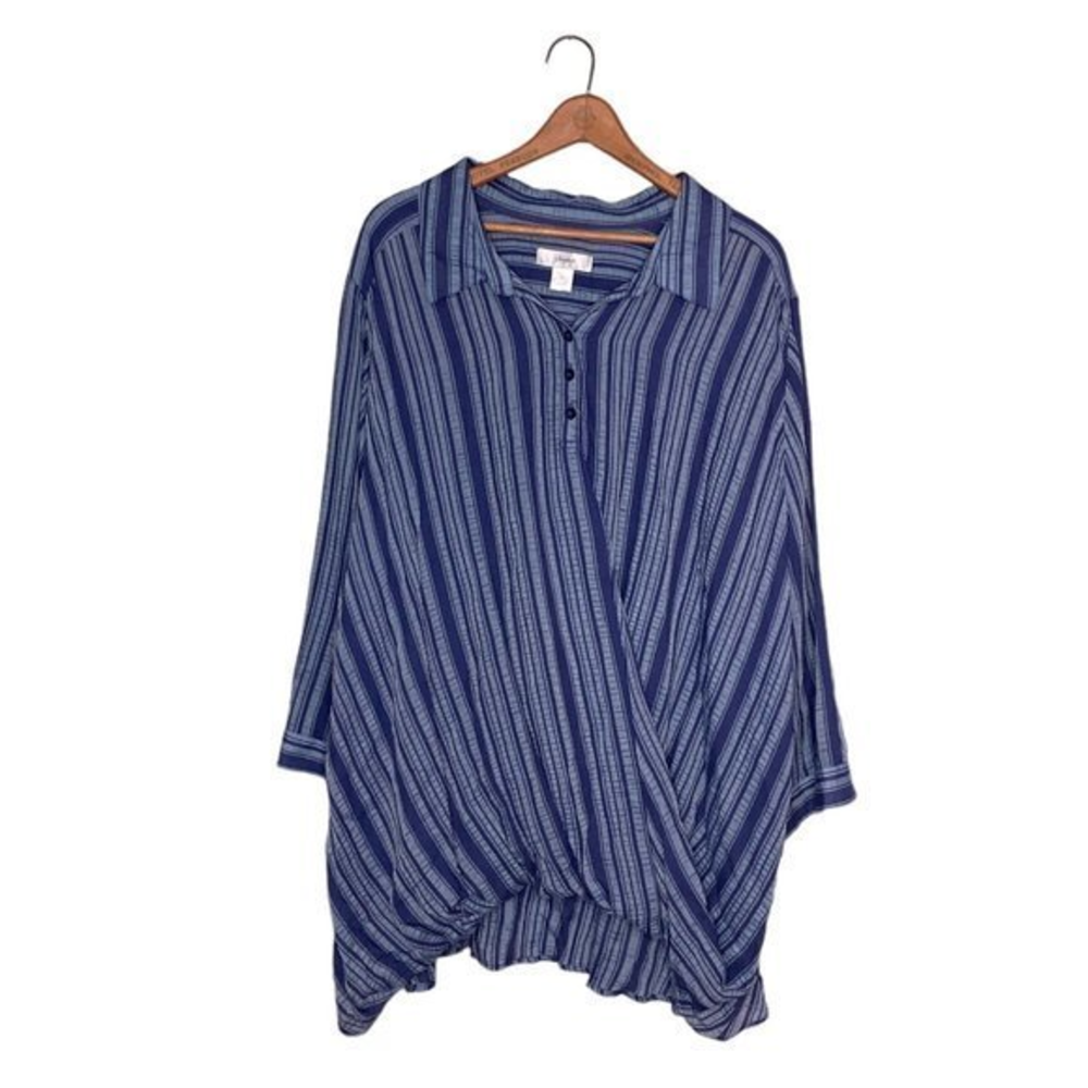 CJ Banks 3X Blue Striped Surplice Faux Wrap Rayon Blend Blouse Top‎ Shirt Plus